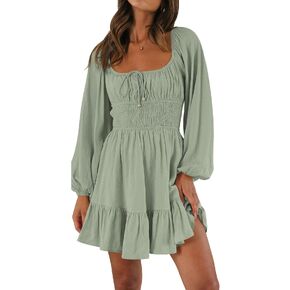 LILLUSORY Women's Long Sleeve Mini Dresses 2023 Fall Square Neck Cottagecore Casual Smocked Flowy Short Dress in Saudi Arabia