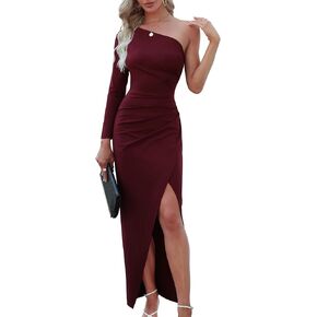 Sarin Mathews Womens One Shoulder Long Sleeve Cocktail Dresses Sexy Bodycon Ruched Wrap Split Party Formal Long Dress