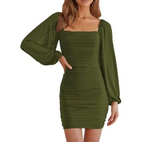 MEROKEETY Women Square Neck Lantern Long Sleeve Mesh Ruched Bodycon Clubwear Mini Dress