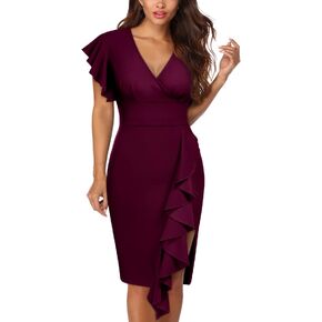 Knitee Women's Deep-V Neck Ruffle Sleeves Cocktail Party Pencil Slit Formal Dress