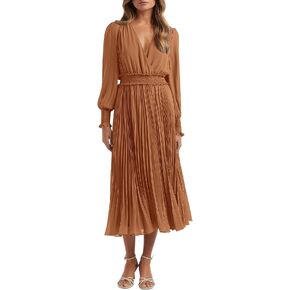 PRETTYGARDEN Womens Wrap V Neck Spring Dresses Wedding Guest Casual Pleated Long Sleeve Midi Dress Ruffle Smocked Long Dress in Kuwait
