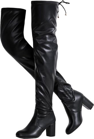 Women's Over the Knee Thigh High Long Boots with Block Heel | Tie-top stretch shaft, inner side zipper and slender high heel, a sleek over-the-knee look for dresses, jeans and parties in Saudi Arabia