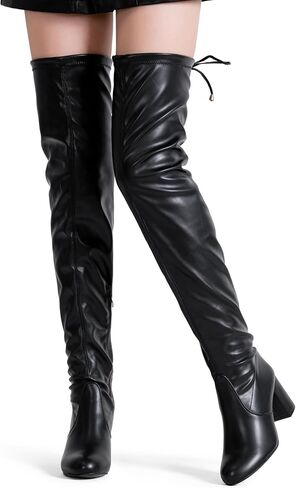 Women's Over the Knee Thigh High Long Boots with Block Heel | Tie-top stretch shaft, inner side zipper and slender high heel, a sleek over-the-knee look for dresses, jeans and parties in Saudi Arabia