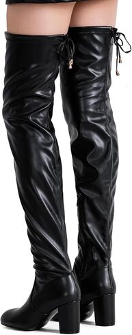 Women's Over the Knee Thigh High Long Boots with Block Heel | Tie-top stretch shaft, inner side zipper and slender high heel, a sleek over-the-knee look for dresses, jeans and parties in Saudi Arabia