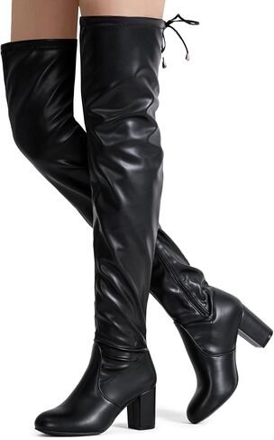 Women's Over the Knee Thigh High Long Boots with Block Heel | Tie-top stretch shaft, inner side zipper and slender high heel, a sleek over-the-knee look for dresses, jeans and parties in Saudi Arabia