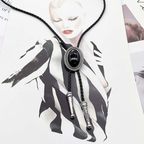 BRBAM Oval Natural Stone Pendant Bolo Tie Necklace Retro Gothic Style Necktie Necklace Gift in Kuwait