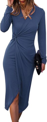 SHIBEVER Women's Long Sleeve Dress: Midi Casual V Neck Dresses Twist Waist Ribbed Knit Bodycon Slit Cocktail Party Dress in Saudi Arabia