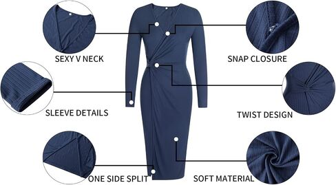 SHIBEVER Women's Long Sleeve Dress: Midi Casual V Neck Dresses Twist Waist Ribbed Knit Bodycon Slit Cocktail Party Dress in Saudi Arabia