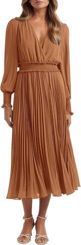 PRETTYGARDEN Womens Wrap V Neck Spring Dresses Wedding Guest Casual Pleated Long Sleeve Midi Dress Ruffle Smocked Long Dress in Kuwait