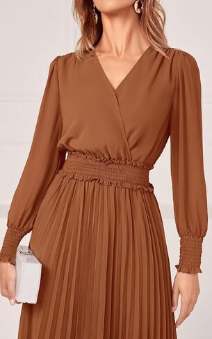 PRETTYGARDEN Womens Wrap V Neck Spring Dresses Wedding Guest Casual Pleated Long Sleeve Midi Dress Ruffle Smocked Long Dress in Kuwait