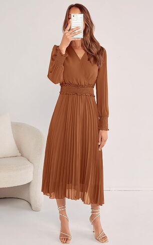PRETTYGARDEN Womens Wrap V Neck Spring Dresses Wedding Guest Casual Pleated Long Sleeve Midi Dress Ruffle Smocked Long Dress in Kuwait