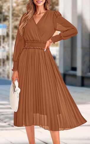 PRETTYGARDEN Womens Wrap V Neck Spring Dresses Wedding Guest Casual Pleated Long Sleeve Midi Dress Ruffle Smocked Long Dress in Kuwait