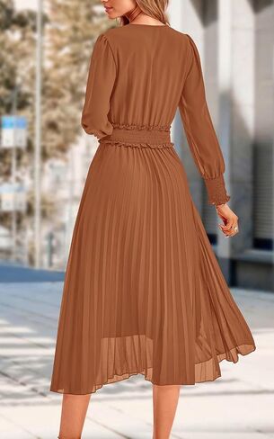 PRETTYGARDEN Womens Wrap V Neck Spring Dresses Wedding Guest Casual Pleated Long Sleeve Midi Dress Ruffle Smocked Long Dress in Kuwait