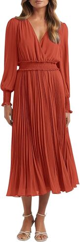 PRETTYGARDEN Womens Wrap V Neck Spring Dresses Wedding Guest Casual Pleated Long Sleeve Midi Dress Ruffle Smocked Long Dress in Saudi Arabia