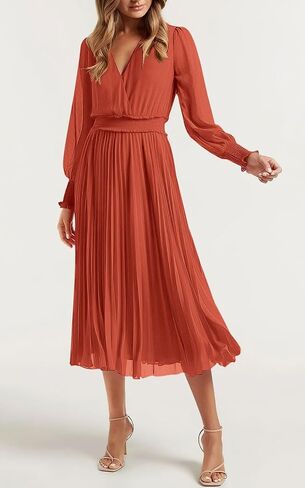 PRETTYGARDEN Womens Wrap V Neck Spring Dresses Wedding Guest Casual Pleated Long Sleeve Midi Dress Ruffle Smocked Long Dress in Saudi Arabia