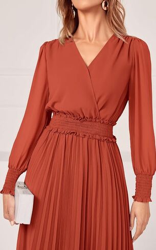 PRETTYGARDEN Womens Wrap V Neck Spring Dresses Wedding Guest Casual Pleated Long Sleeve Midi Dress Ruffle Smocked Long Dress in Saudi Arabia