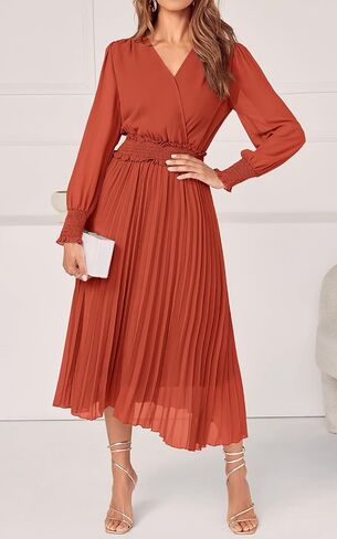 PRETTYGARDEN Womens Wrap V Neck Spring Dresses Wedding Guest Casual Pleated Long Sleeve Midi Dress Ruffle Smocked Long Dress in Saudi Arabia