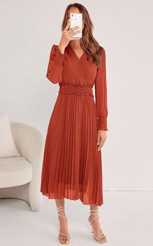 PRETTYGARDEN Womens Wrap V Neck Spring Dresses Wedding Guest Casual Pleated Long Sleeve Midi Dress Ruffle Smocked Long Dress in Saudi Arabia