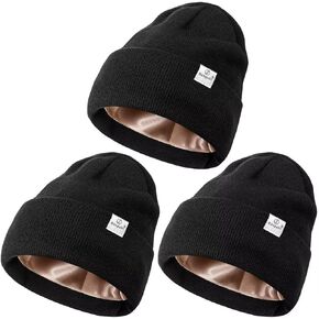 3 Pack Satin Lined Winter Beanie Hats for Women Men,Silk Lined Beanie Knit Soft Warm Cuffed Hat