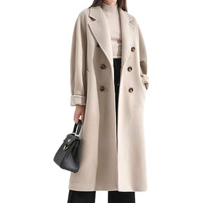 Himosyber Women Wool Blend Pea Coat Camel Notched Collar Double Breasted Outerwear Jacket