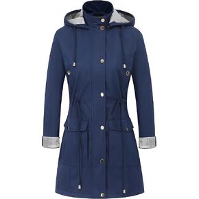 CREATMO US Women's Plus Size Water-Resistant Trench Coat Long Windbreaker Military Jacket with Reflective Removable Hood