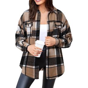 NIeyook Women's Casual Plaid Flannel Shacket Jacket Oversized Button Down Long Sleeve Fall Shirts Jacket Lapel Coats Tops