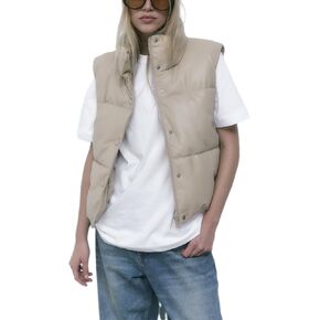 Ailoqing Womens Faux Leather Puffer Vest Zip Up Sleeveless Winter Cropped Jacket in Kuwait