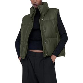 Ailoqing Womens Faux Leather Puffer Vest Zip Up Sleeveless Winter Cropped Jacket in Saudi Arabia