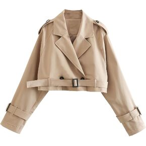 Faleave Womens Cropped Jacket Long Sleeve Belted Trench Coat Solid Color