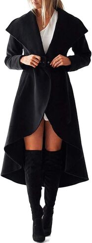 SAUKOLE Women's Winter Wool Trench Coat Wrap Large Collar High Low Jacket Outwear with Belt in Kuwait