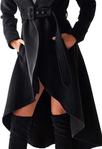 SAUKOLE Women's Winter Wool Trench Coat Wrap Large Collar High Low Jacket Outwear with Belt in Kuwait