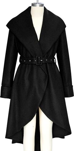 SAUKOLE Women's Winter Wool Trench Coat Wrap Large Collar High Low Jacket Outwear with Belt in Kuwait