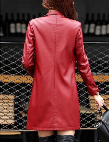 Tanming Womens PU Faux Leather Jacket Casual Lapel Long Suit Trench Coat Outerwear in Saudi Arabia