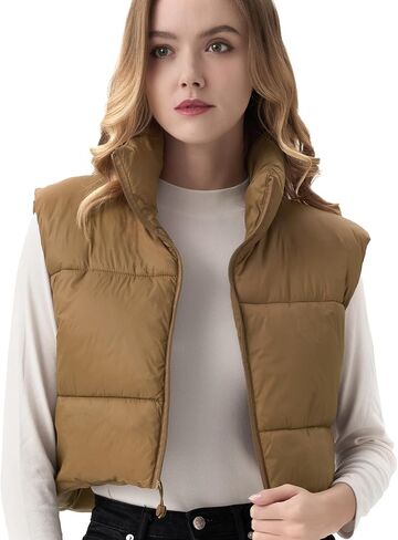 ANAYSN Women's Cropped Puffer Vest Lightweight Sleeveless Warm Vests For Women Winter Stand Collar Padded Gilet in Kuwait