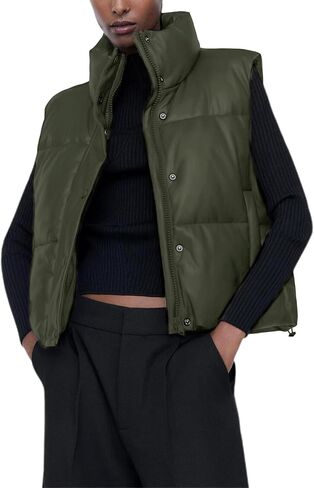 Ailoqing Womens Faux Leather Puffer Vest Zip Up Sleeveless Winter Cropped Jacket in Kuwait