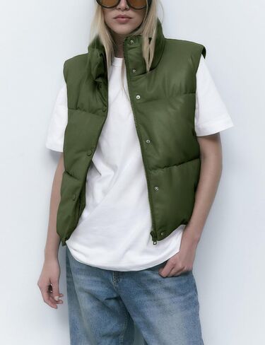 Ailoqing Womens Faux Leather Puffer Vest Zip Up Sleeveless Winter Cropped Jacket in Kuwait