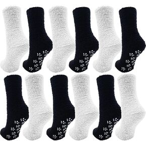12 Pairs Fuzzy Slipper Socks, Soft Fluffy Cozy Non-Skid Gripper Soles for Women Girls, Warm Winter Bulk Pack