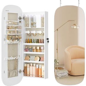 SONGMICS Jewelry Organizer, LED Jewelry Cabinet Wall/Door Mounted, Lockable Rounded Wide Mirror with Storage, Interior Mirror, 3.9 x 16.5 x 42.5 Inches, White Surface with Greige Lining UJJC026W01