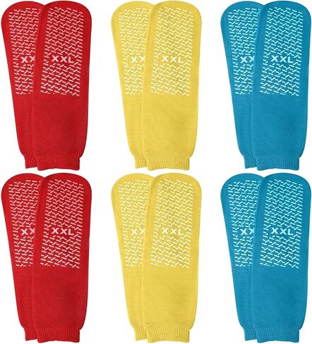 Panitay 6 Pairs XX-Large Slipper Socks Terry Ring Non Slip Safety Socks Wide Non Skid Socks Gripper Socks for Adults Home Hospital, Blue Red and Yellow in Saudi Arabia