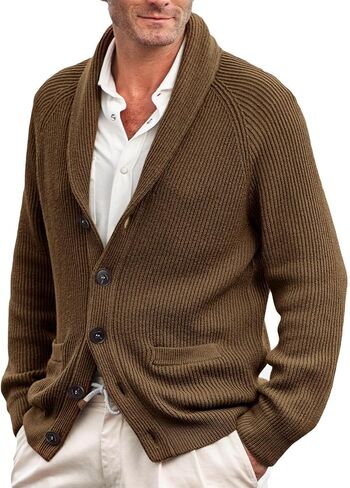 Karlywindow Mens Shawl Collar Cardigan Sweater Cable Knit Button Down Winter Chunky Sweater with Pockets in Kuwait