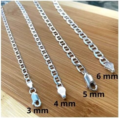 925 Sterling Silver 3.5MM, 4.5MM, 5.5MM, 6.5MM, 8MM,9MM,10.5MM,12MM Solid Flat Mariner Link Chain Necklace- Sterling Silver Necklace Chain, Men and Women, Made In Italy 18" 20" 22" 24" 26" 28"30" in Saudi Arabia