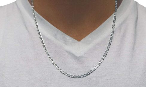 925 Sterling Silver 3.5MM, 4.5MM, 5.5MM, 6.5MM, 8MM,9MM,10.5MM,12MM Solid Flat Mariner Link Chain Necklace- Sterling Silver Necklace Chain, Men and Women, Made In Italy 18" 20" 22" 24" 26" 28"30" in Saudi Arabia