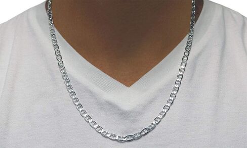 925 Sterling Silver 3.5MM, 4.5MM, 5.5MM, 6.5MM, 8MM,9MM,10.5MM,12MM Solid Flat Mariner Link Chain Necklace- Sterling Silver Necklace Chain, Men and Women, Made In Italy 18" 20" 22" 24" 26" 28"30" in Kuwait
