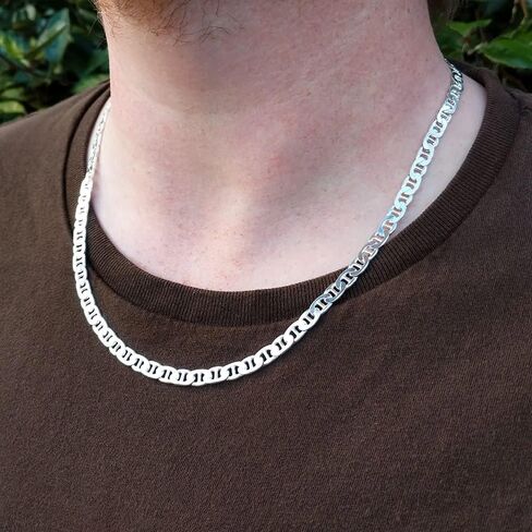 925 Sterling Silver 3.5MM, 4.5MM, 5.5MM, 6.5MM, 8MM,9MM,10.5MM,12MM Solid Flat Mariner Link Chain Necklace- Sterling Silver Necklace Chain, Men and Women, Made In Italy 18" 20" 22" 24" 26" 28"30" in Kuwait