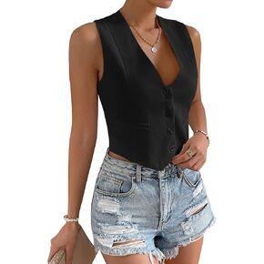 Floerns Women's Solid Sleeveless Button Front V Neck Vest Waistcoat Crop Top