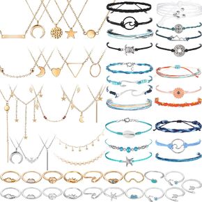 Batiyeer 60 Pcs Surfer Wave Strand Bracelet Summer Layered Choker Pendant Necklace Adjustable Multilayer Chain Necklaces Adjustable Bracelet Handmade Sunflower Rope Anklets Knuckle Rings
