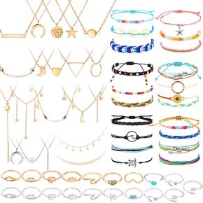 Batiyeer 60 Pcs Surfer Wave Strand Bracelet Summer Layered Choker Pendant Necklace Adjustable Multilayer Chain Necklaces Adjustable Bracelet Handmade Sunflower Rope Anklets Knuckle Rings