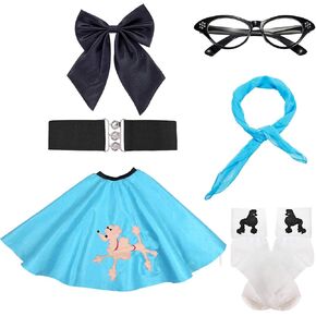 50s Girls Costume Accessory Set - Poodle Skirt,Elastic Cinch Belt,Ponytail Holders,Chiffon Scarf,Cat Eye Glasses,Bobby Socks