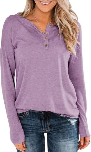بلوفر نسائي من Topstype بأكمام طويلة من Henley مع أزرار سفلية كاجوال فضفاض مناسب برقبة على شكل حرف V in Kuwait