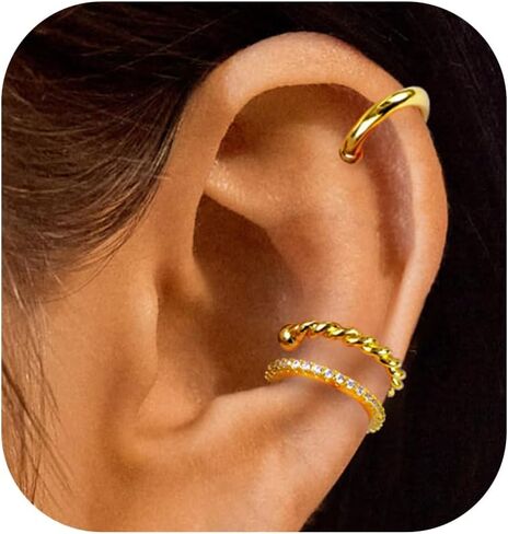 POXTEX أصفاد الأذن الذهبية للنساء غير مثقوبة 14K الذهب الحقيقي غير مؤلم غير زلة الأفعى الكفة الأقراط للنساء مقاوم للماء العصرية مكتنزة لذيذ مكعب زركونيا كليب على حلق الغضروف للنساء الفتيات الهدايا in Kuwait